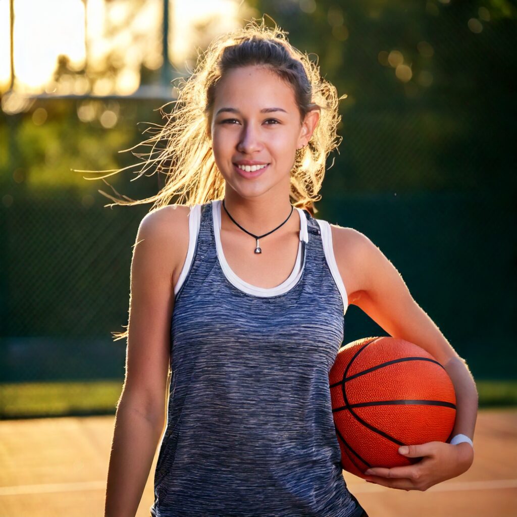 Junges Mädchen mit Zahnspange und Basketball auf einem Freiplatz, lächelnd in der Abendsonne.